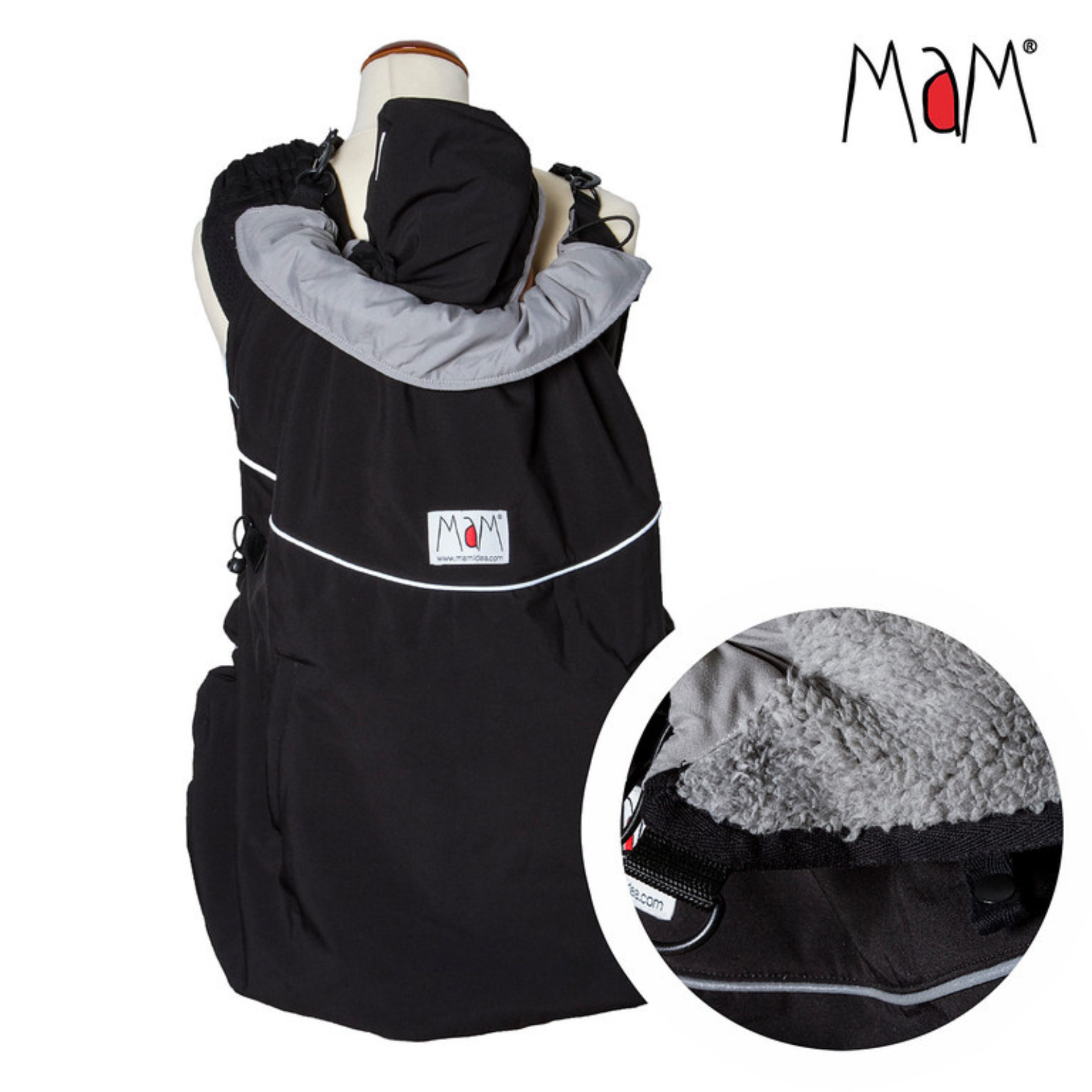 MaM Tragecove Deluxe Softshell Flex Black / Rock Grey Tragebild mit Mutter und Baby